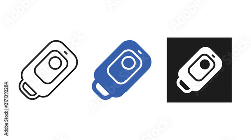 Wireless Camera Shutter Remote Control Icon Set in Outline, Flat Blue, and Glyph Styles, Isolated on White Background for Smartphone Photography and Video Trigger Applications