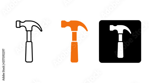 Professional Hammer Icon Set with Outline, Solid Orange, and White Negative Space Vector Illustration Styles for Construction and DIY Hardware Projects Isolated on White Background