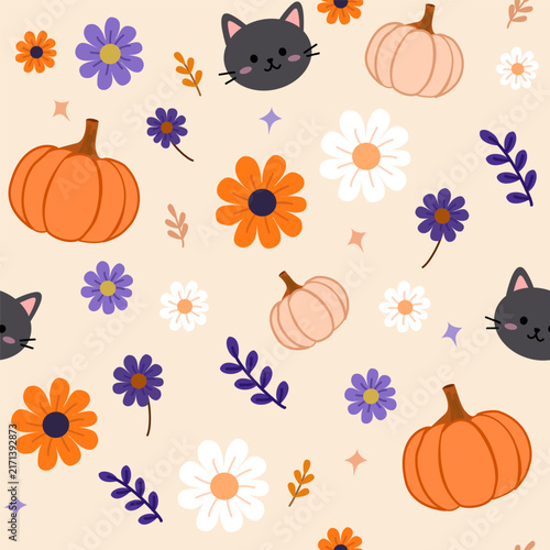 Cute autumn seamless pattern with pumpkins, black cats and colorful flowers