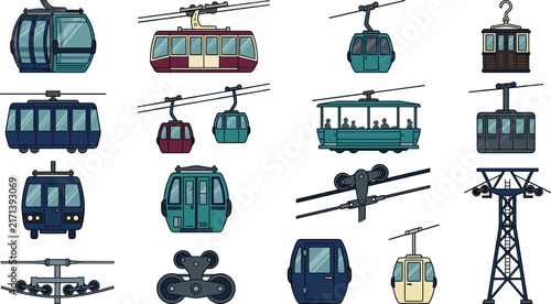 Cable Car and Gondola Lift Vector Icon Set Featuring Various Tram Cabin Styles Ropeway Support Towers and Mechanical Pulley Elements Isolated on White Background