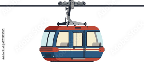 Cable Car Gondola Vector Illustration with Red and Blue Retro Design Elements Hanging on Steel Rope Isolated on White Background