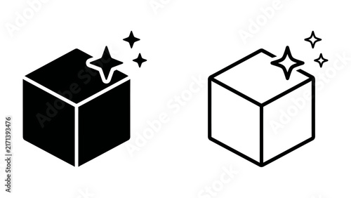 Sparkling Cube Icon: Two stylized cube icons, one solid black and one outlined, both adorned with sparkling starbursts, representing shine and cleanliness.
