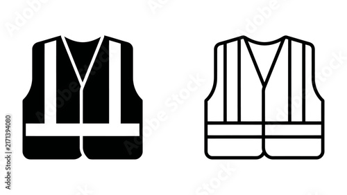 Konstfotografi Safety Vest Icon: A graphic representation of a safety vest, depicted in both solid black and outline versions, emphasizing visibility and protection
