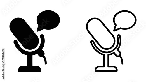 Microphone Icons for Audio Recording: Two stylized microphone icons, one solid black and one outline, each with a speech bubble, symbolize audio recording, podcasting, or broadcasting.