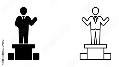 Presentation Icons: Two stylized figures in business attire stand on podiums, one filled in and the other an outline, representing public speaking and presentation.