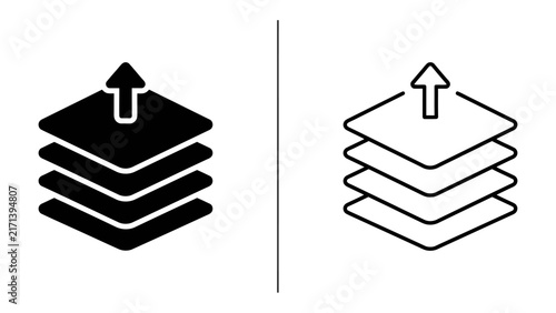 Stacked Layers Icon: A set of stacked square layers with an upward arrow indicating progress or expansion, presented in both solid black and outline styles.