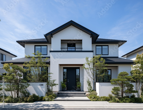 Plakat 青空と緑豊かな前庭が映えるモダンなデザインの注文住宅