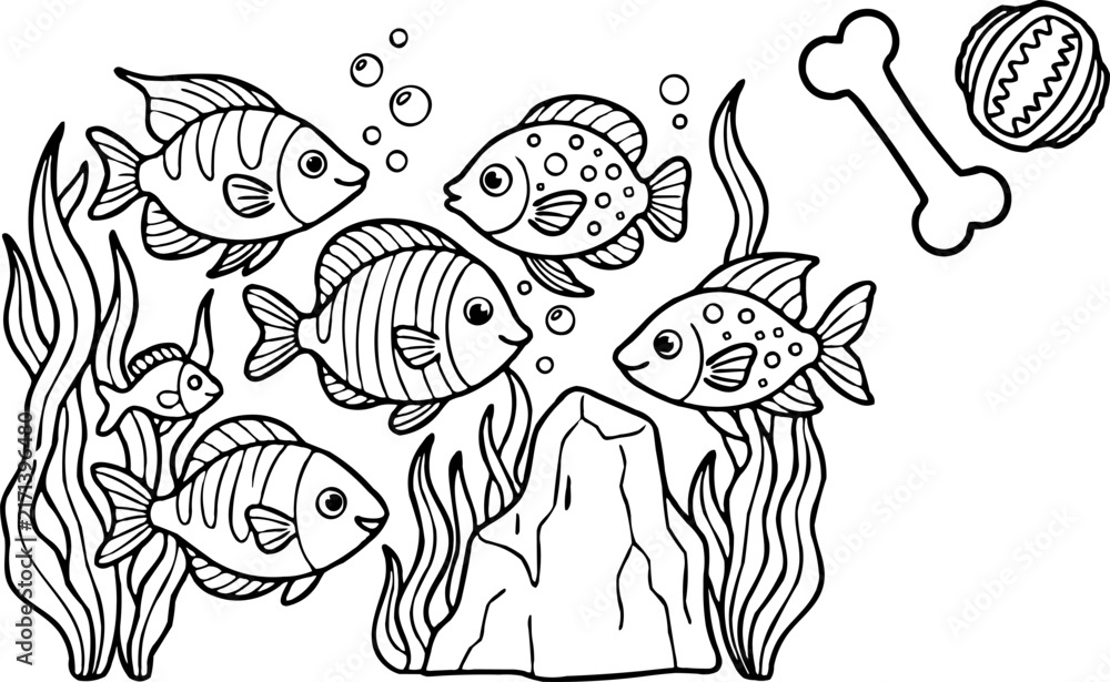 Fototapeta premium Stylized fish swim near seaweed and rocks, with bubbles and a bone and food toy above, black and white line art