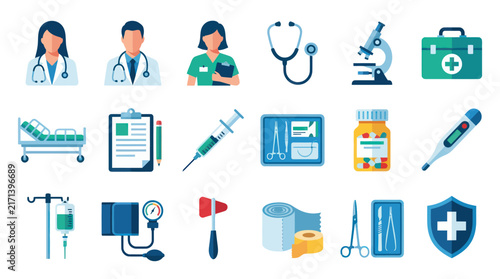 Flat Medical and Healthcare Icons Set: Professionals, Equipment  Supplies Vector Illustration
