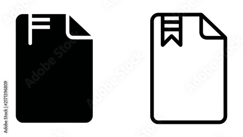 Document Icons: A pair of icons representing documents, one solid black and the other outlined with a bookmark, symbolize information and organization.