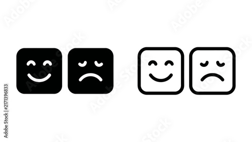 Obraz na płótnie Emoji Emotions: A stark graphic representation contrasting two pairs of emoji faces, one happy and one sad, presented in both solid black and outlined white forms, symbolizing emotional duality