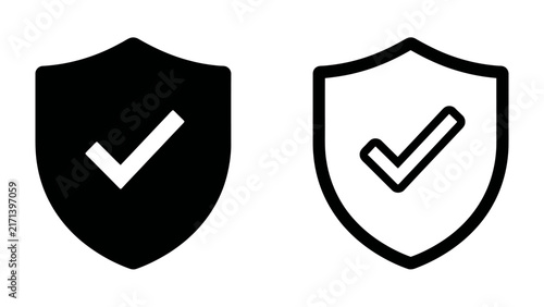 Shield and Check Mark Icons: A pair of shield icons, one solid black and the other outlined, each featuring a prominent check mark, symbolizing protection, security, and verification.