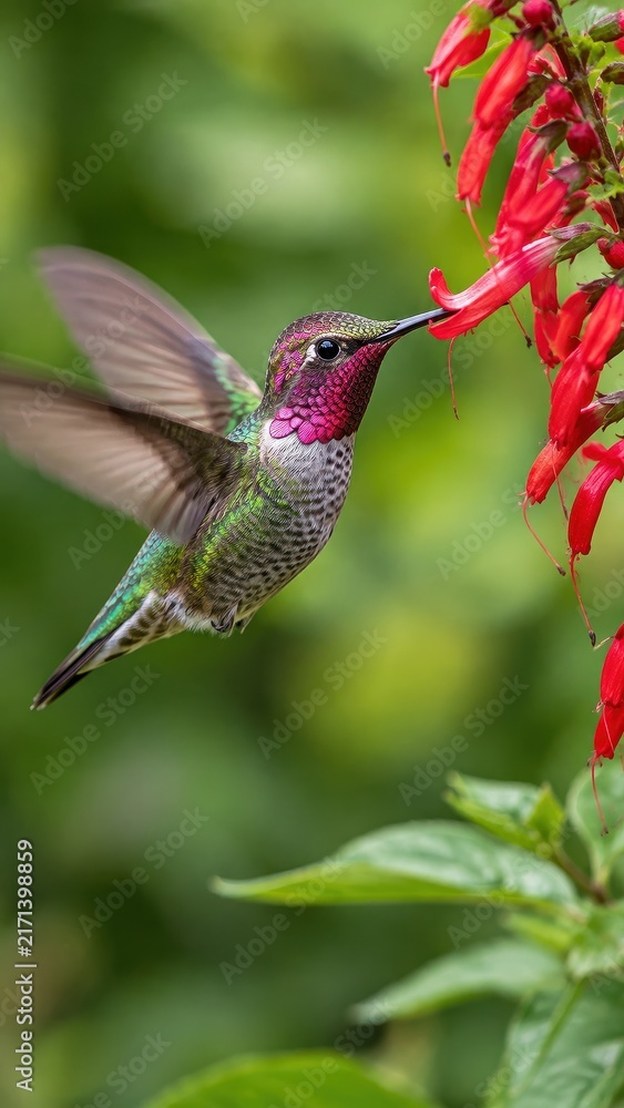 Fototapeta premium Hummingbird hovering beside a red tubular flower macro