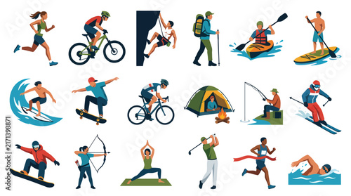 Sports and Outdoor Activities Flat Vector Illustration Set. Active People Lifestyle and Recreation Collection.