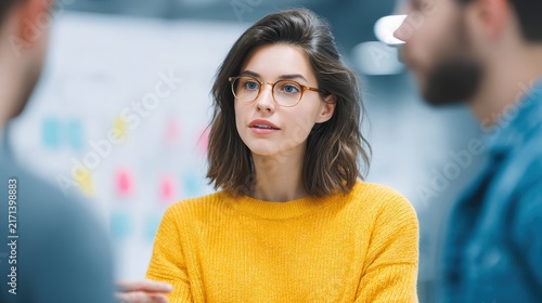 Businesswoman wearing glasses leading team meeting in office
