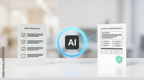 AI processing data from input to verified output with security check