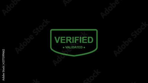 Green neon verified and validated digital security badge animation on black background.