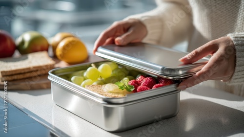 Woman opening stainless steel lunch box with fresh fruit