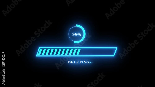 Neon blue digital deleting progress bar animation with circular percentage counter on a deep black background, high-tech data removal interface for software development, cyber security, and system