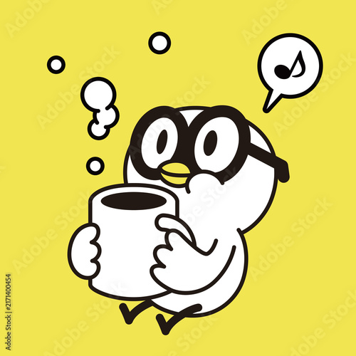 Minimalist vector illustration of a cute white bird with glasses, holding a hot coffee mug, singing on a yellow background. Three-quarter front view.