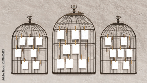 Foto Place photo bird cage in wall easy remplace, beige wall metal cage