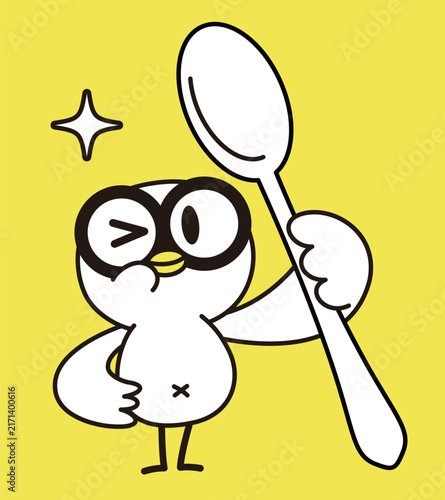 Minimalist vector illustration of a cute white bird wearing glasses, standing with a wing on its hip, winking, holding a large spoon on a yellow background, front view.