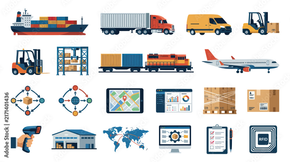 Fototapeta premium Logistics and Supply Chain Icons: Flat Vector Graphics for Delivery and Transport