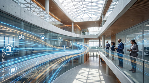 Futuristic Office with Digital Data Flow and Professionals