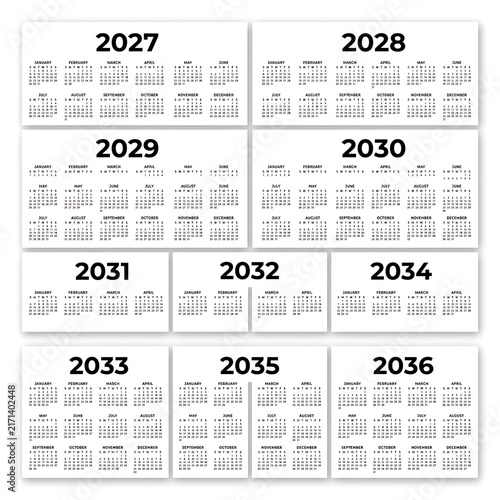 Ten Year Calendar 2027 2036 Minimal White Background