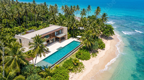 Luxury beachfront villa with infinity pool surrounded by palm trees.