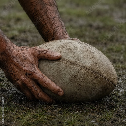 Muddy hands gripping a rugby ball on wet churned grass
