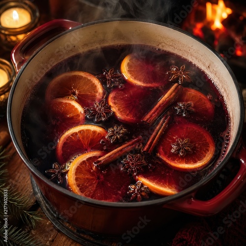 Mulled wine simmering in a pot with orange slices and spices