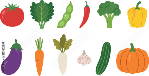 Fresh Organic Vegetable Vector Illustration Icon Set with Tomato, Broccoli, Pumpkin, Carrot, Eggplant, and Bell Pepper for Healthy Eating, Culinary, Agriculture, and Market Graphic Designs,
