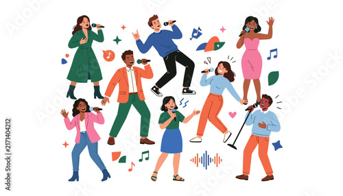 PrintGroup of happy diverse people singing karaoke with microphones at a music party concert event vector illustration