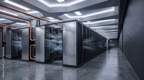 Obraz na płótnie Modern data center interior with server racks and liquid cooling systems for artificial intelligence computing.