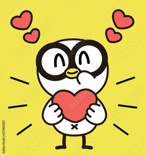 Minimalist vector illustration of a cute white bird wearing glasses, smiling, holding a large red heart with small floating hearts, expressing love and affection on a yellow background, front view.