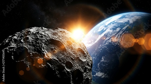 Cinematic 3D Illustration of a Giant Cratered Asteroid Approaching Planet Earth with Sun Flare in Deep Space, Sci-fi Astronomy Discovery and Doomsday Concept for Commercial Stock Media