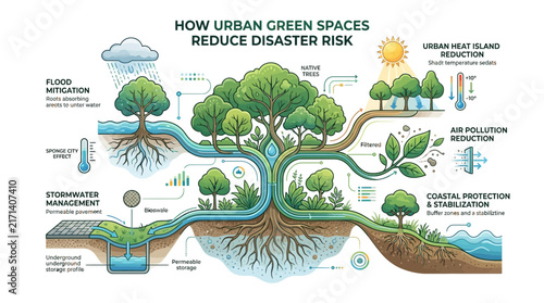 Urban green spaces reduce disaster risk infographic