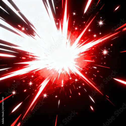 Red and white glowing abstract explosion and impact light rays burst on black background