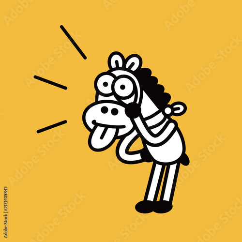 Vector line art illustration of a funny cartoon horse making a silly face, sticking its tongue out on a vibrant yellow background.