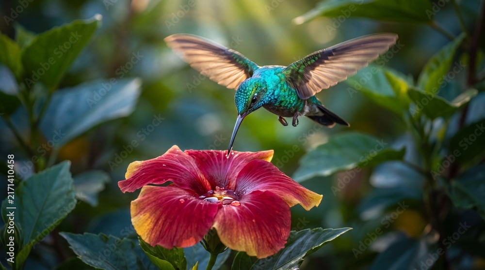 Naklejka premium Hummingbird approaches a red flower in a vivid tropical jungle setting.