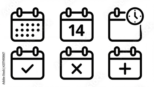 Set of minimal calendar line icons isolated on white background