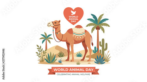 Camel in Desert Landscape for World Animal Day Illustration
