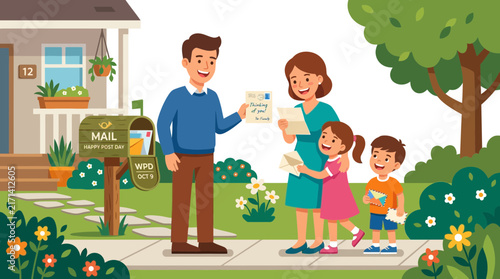 Happy Family Receiving Mail in Front of Their House