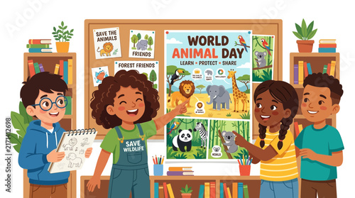 Diverse Children Studying Wildlife Together in a Classroom