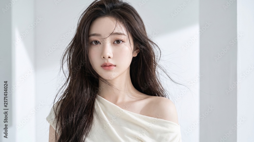 Naklejka premium Beautiful East Asian woman with long dark hair, elegant off-shoulder white top, soft natural studio lighting, clean minimalist background