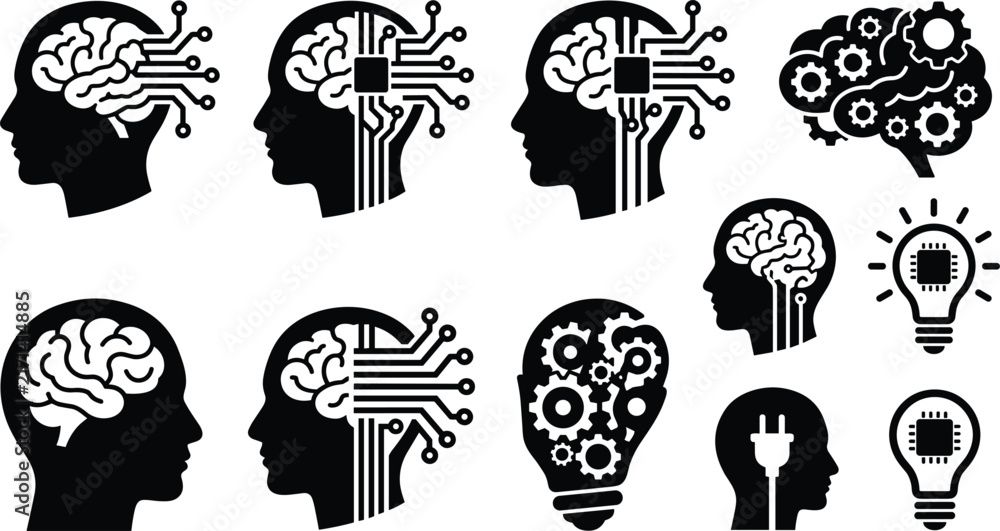 Fototapeta premium Artificial intelligence and human brain vector icon set featuring technology microchip circuits gear mechanisms lightbulbs and human head silhouettes
