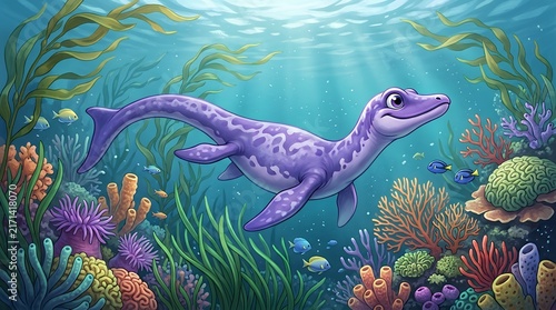 Adorable violet marine reptile gliding through aquatic vegetation and reef organisms adorable violet marine reptile gliding aquatic vegetation reef organisms ocean turtle underwater sea swimming