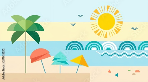 Minimalist Abstract Geometric Summer BeachBanner Featuring Stylized Sun Ocean Waves Palm Tree and Umbrella Icons summer beach abstract geometric background banner minimalist ocean wave sun