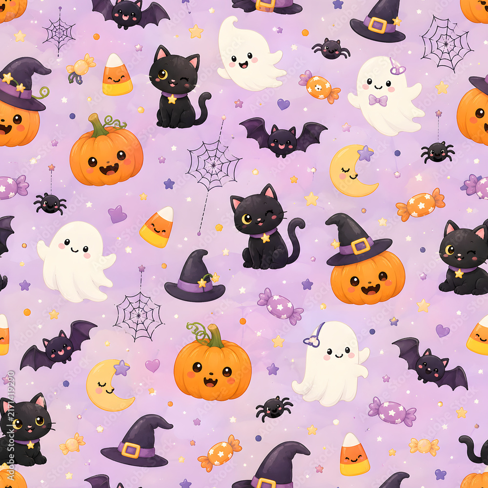 Fototapeta premium Cute Halloween Seamless Pattern with Playful Spooky Elements
